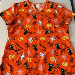 Halloween Scrub Top in Orange and Black